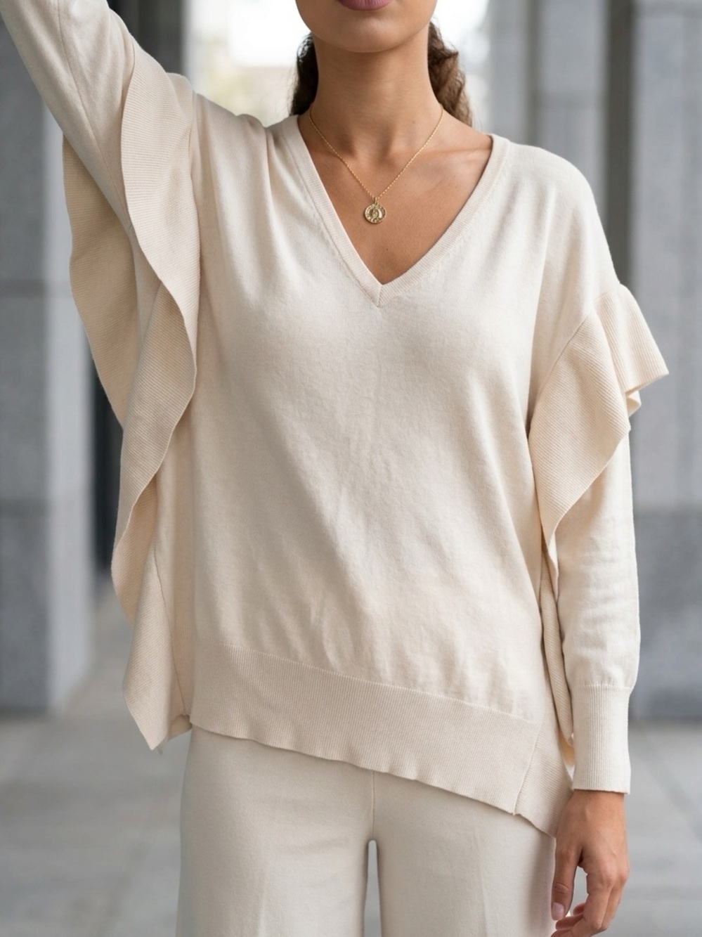 Zara Soft Cream V-Neck Ruffle Sleeve Sweater